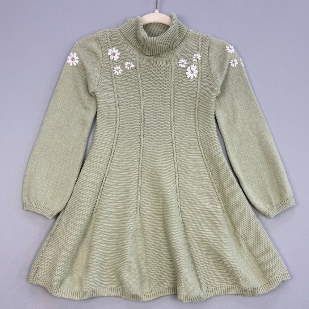 Cupcakes and Cashmere Embroidered Daisy Knit Sweater Dress Sage Green Size M 7/8